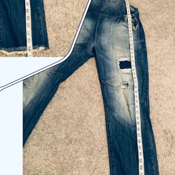 Hidden blue Y2K inspired denim overalls jeans with raw hemline - Picture 5 of 7